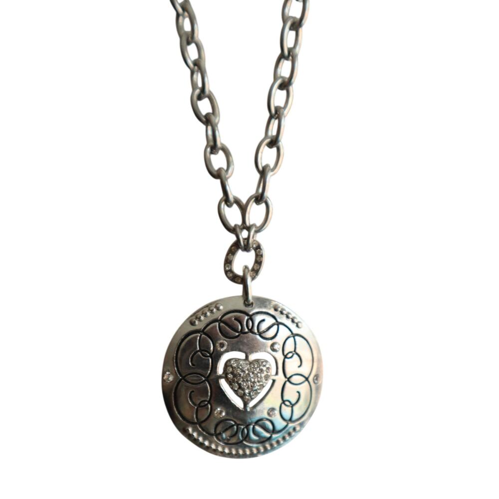 Vintage 90s Y2K GUESS Round Pendant Heart Silver Tone Necklace Charm Rhinestones
